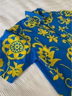 Vintage Lau Hale Blue Yellow Floral Hawaiian Aloha Camp Shirt Large